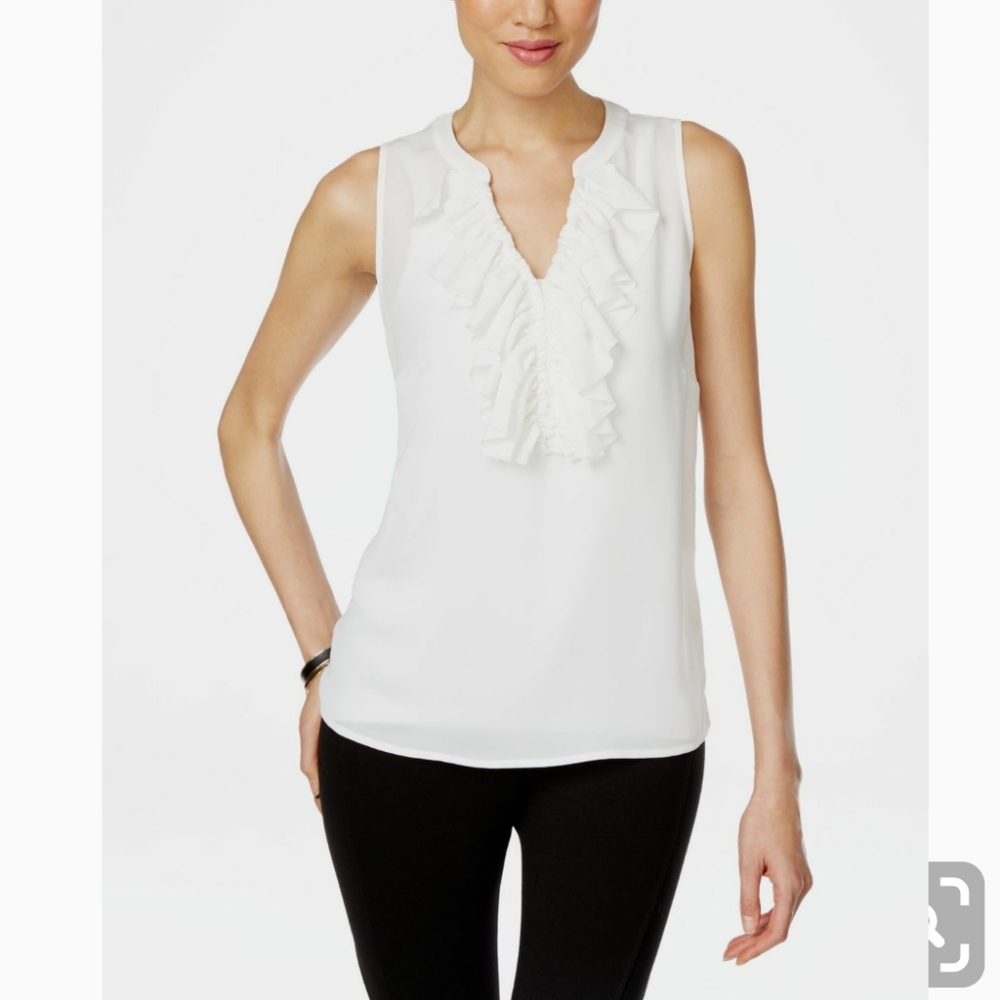 INC White Ruffled Split Neck Shell NWT 12